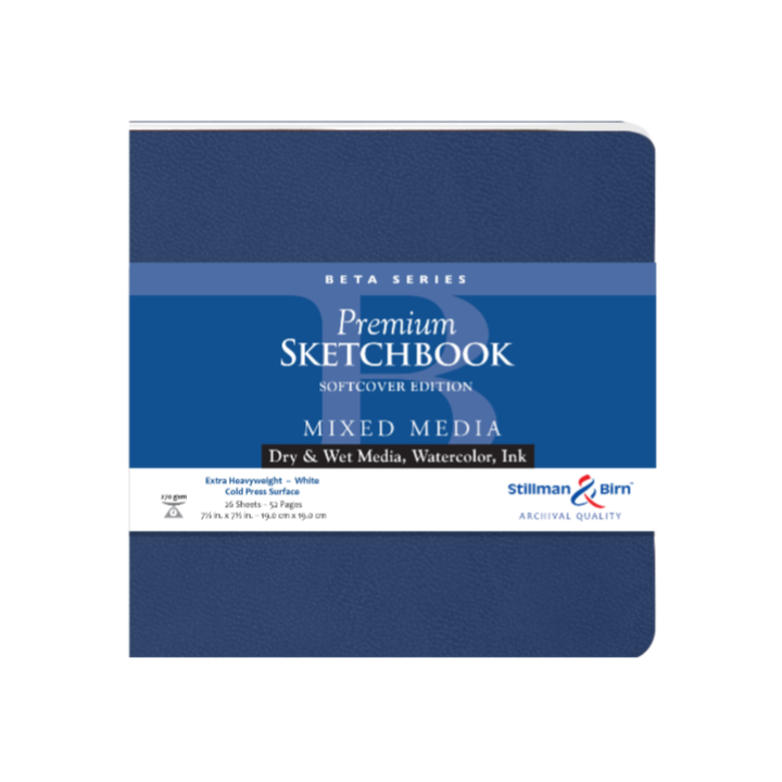 Stillman & Birn Beta Series Mixed Media Sketchbook, heavyweight paper, ideal for wet and dry media, available at stationery store.
