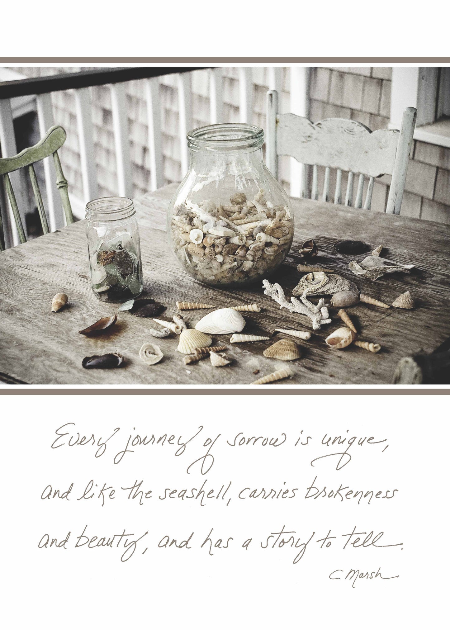 Alt Tag: 533s greeting card - 'Every journey of sorrow is unique' - seashell decor - stationery store sympathy card