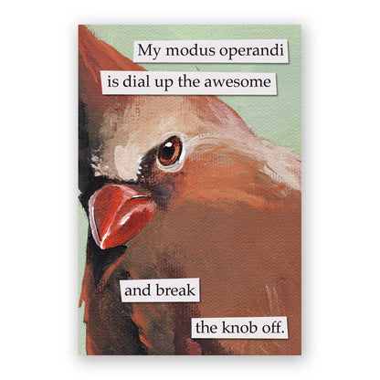 Modus Operandi Magnet with humorous bird design and catchy phrase, available at stationery stores. Perfect for decorating refrigerators, 2.125x3.125".