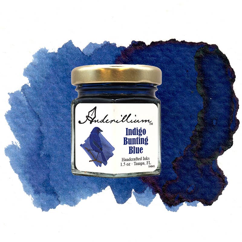 Anderillium™ Indigo Bunting Blue fountain pen ink 1.5 oz bottle for stationery stores, inspired by nature, handcrafted in the US.