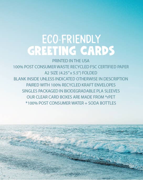 Eco-friendly greeting cards on ocean background, A2 size, printed in USA, 100% recycled paper, available at stationery store.