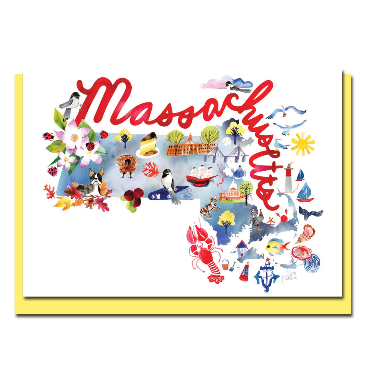 Watercolor Maps Card of Massachusetts with yellow envelope, designed by artist Sara Franklin. Available in stationery stores.