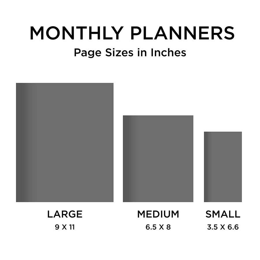 Comparison chart of monthly planner sizes, large 9x11 inches, medium 6.5x8 inches, small 3.5x6.6 inches, from stationery store.