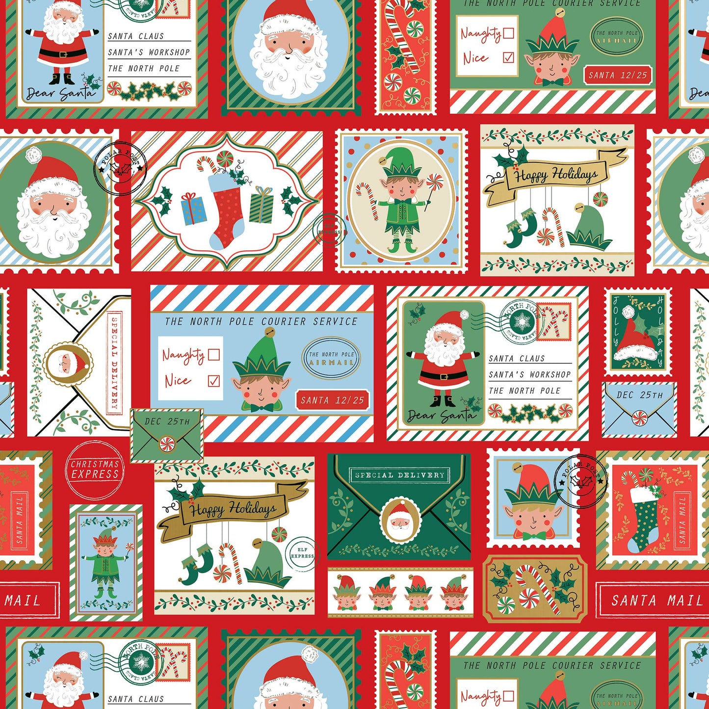 Premium North Pole Bound gift wrap with Santa, elves, and festive stamps. Perfect for Christmas, available at stationery stores.