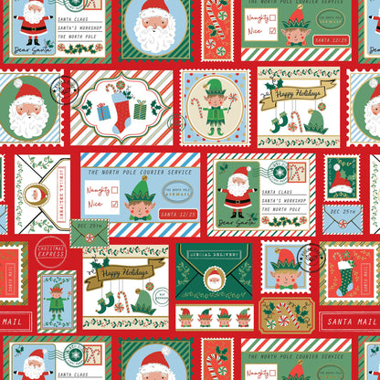 Premium North Pole Bound gift wrap with Santa, elves, and festive stamps. Perfect for Christmas, available at stationery stores.