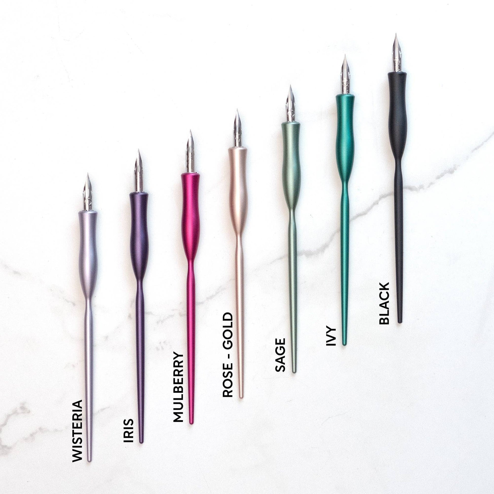 Flourish Calligraphy Pens in Black, Rose Gold, Sage, Ivy, Wisteria, Iris, Mulberry from stationery store.