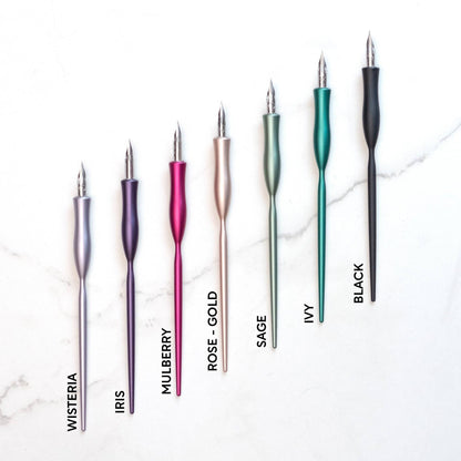 Flourish Calligraphy Pens in Black, Rose Gold, Sage, Ivy, Wisteria, Iris, Mulberry from stationery store.