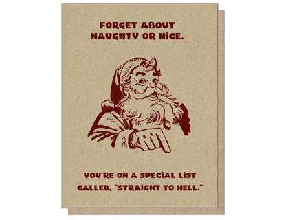 Straight to Hell Santa Card by Guttersnipe Press, featuring vintage Santa with humorous text, sold in stationery store, A2 size with kraft envelope.