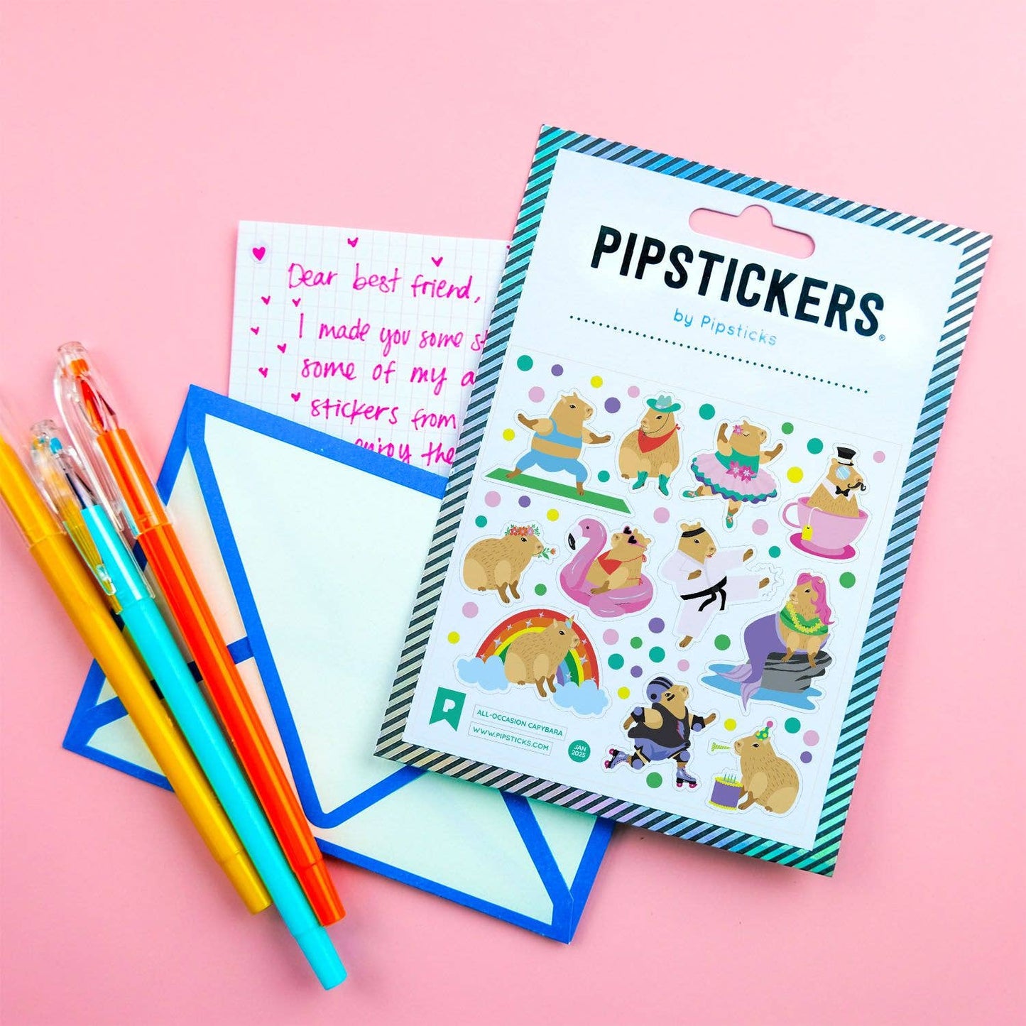 All-Occasion Capybara PipStickers with holographic foil, stationery store page, featuring colorful capybara designs on a pink background.