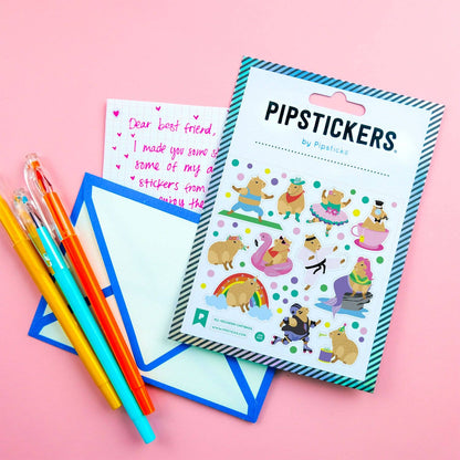 All-Occasion Capybara PipStickers with holographic foil, stationery store page, featuring colorful capybara designs on a pink background.