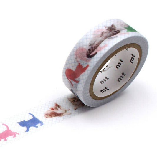 mt washi masking tape featuring colorful kitten designs on a white background, ideal for creative projects and decor.