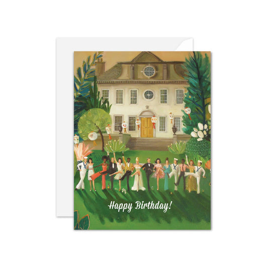 Whiskey Sour High Kick Birthday Card featuring a festive party scene, available at stationery store. Blank inside, eco-friendly, A2 size.