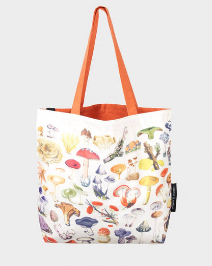 Woodland Mushrooms Canvas Shoulder Tote with colorful fungi design, ideal for mushroom foragers and available at stationery stores.