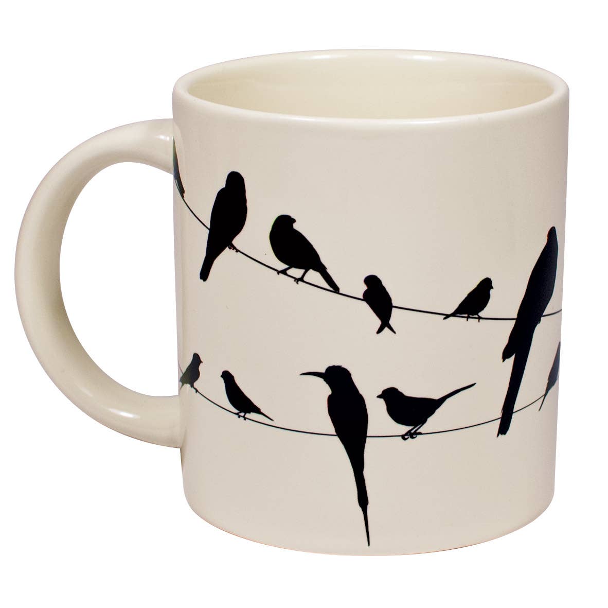 Birds on a Wire Heat-Changing Coffee Mug with bird silhouettes, perfect for coffee or tea, available at stationery stores.