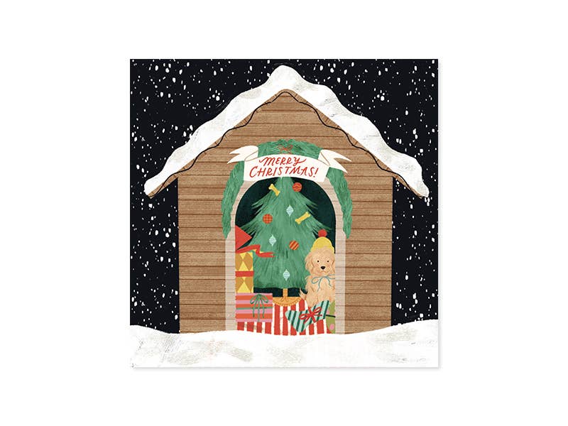 Puppy Gift Exchange Christmas Pop-Up Card featuring a festive puppy in a snow-covered doghouse, available at stationery store.