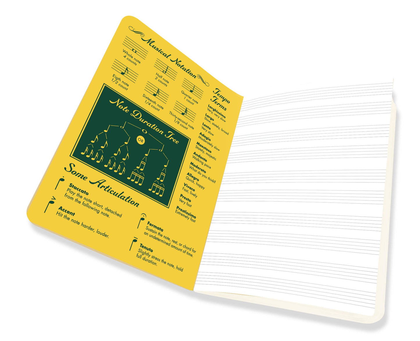 Music notebook open showing lined pages and music instruction chart, ideal for notation. Perfect pocket-sized stationery from our store.