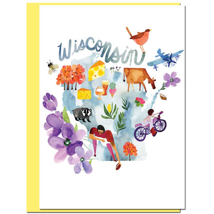 Watercolor Wisconsin map card with colorful illustrations, featuring iconic state symbols, blank card from stationery store with yellow envelope.