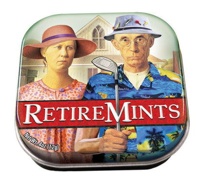 Retiremints peppermint tin featuring American Gothic parody, available at stationery stores for retirees.