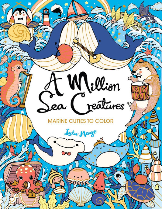 Colorful cover of 'A Million Sea Creatures Coloring Book' featuring playful ocean animals, ideal for kids and adults, stationery store item.