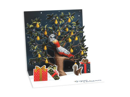 Partridge in a Pear Tree Pop-Up Christmas Card with glitter accents, perfect for stationery store displays.