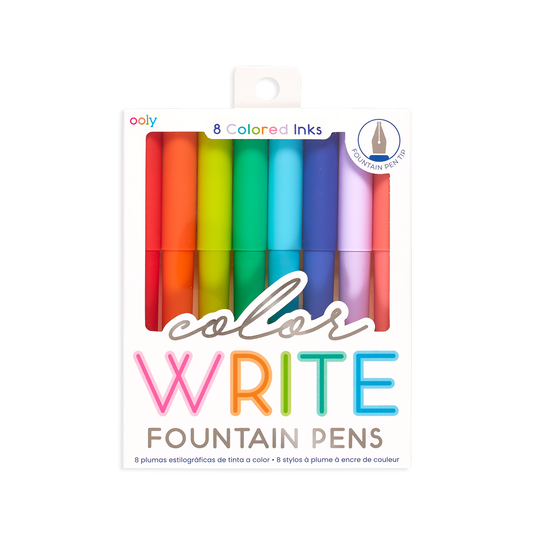 Color Write Fountain Pens in vibrant colors for creative penmanship, available in a stationery store. Includes 8 inks and matte finish.