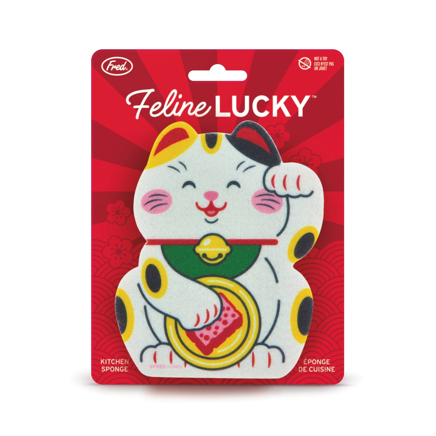 Alt Tag: Feline Lucky sponge in lucky cat shape, durable multi-layer design on a peggable card, perfect for kitchen use. Available at a stationery store.