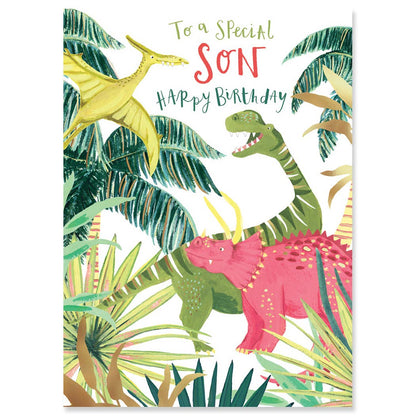 Jungle Son Birthday Card by Louise Tiler featuring dinosaurs, perfect for stationery store collection. Blank inside greeting.