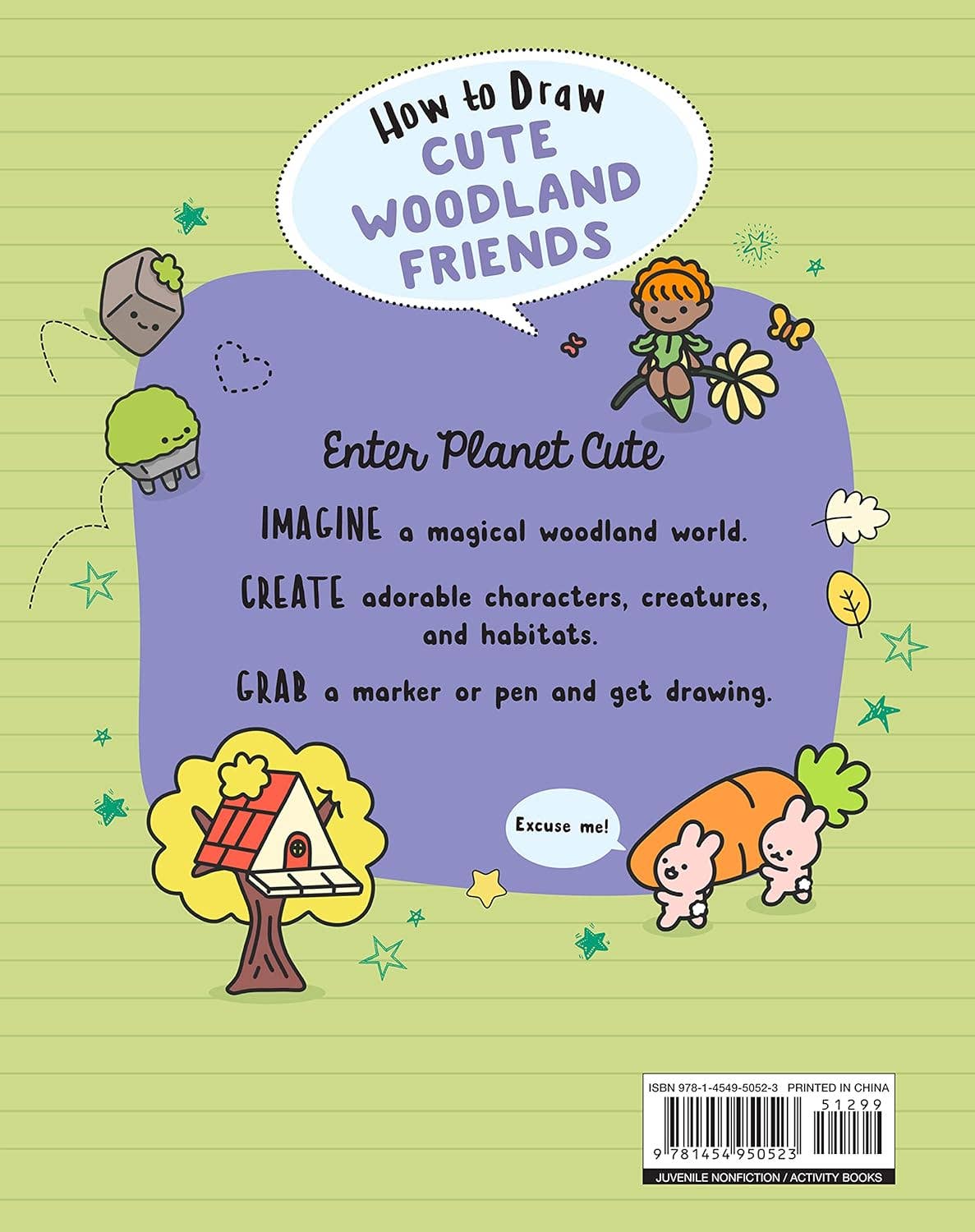 Back cover of 'How to Draw Cute Woodland Friends' by Angela Nguyen, featuring cute animals and nature art. Ideal for stationery store.