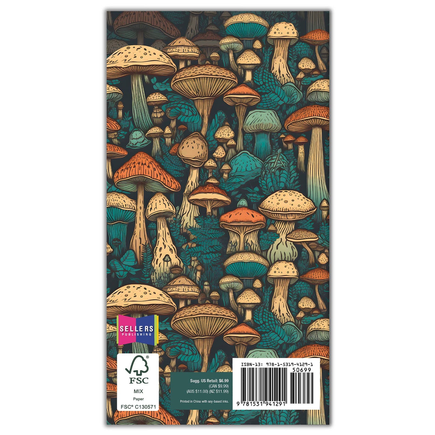 Colorful mushroom illustration on the cover of the 2025 Mighty Mushrooms Pocket Planner by Sellers Publishing.