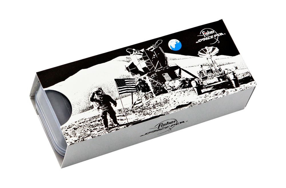 Gift box for Orange Backpacker Keyring Space Pen at stationery store, featuring a space-themed design.