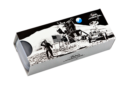 Gift box for Orange Backpacker Keyring Space Pen at stationery store, featuring a space-themed design.