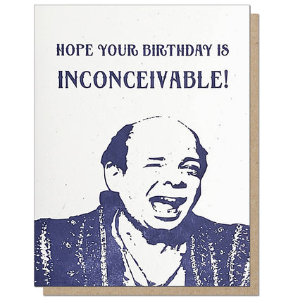 Birthday card with 'Hope your birthday is inconceivable!' message, featuring illustration, available at the stationery store.