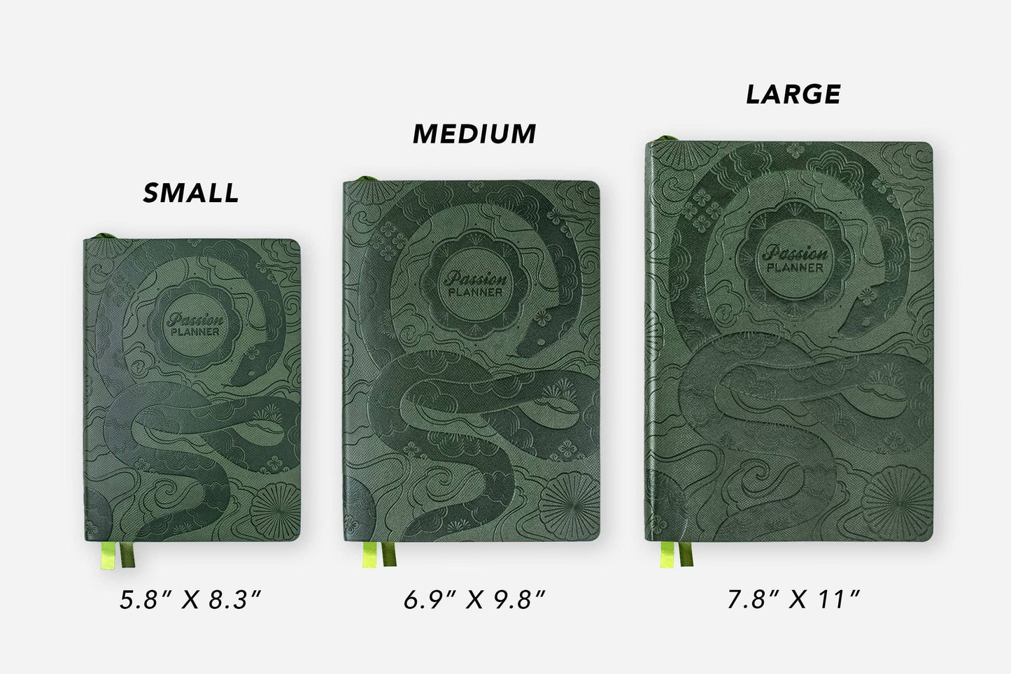 Alt Tag: Year of the Snake Jade 2025 weekly planners in small, medium, large sizes displayed, available at your favorite stationery store.