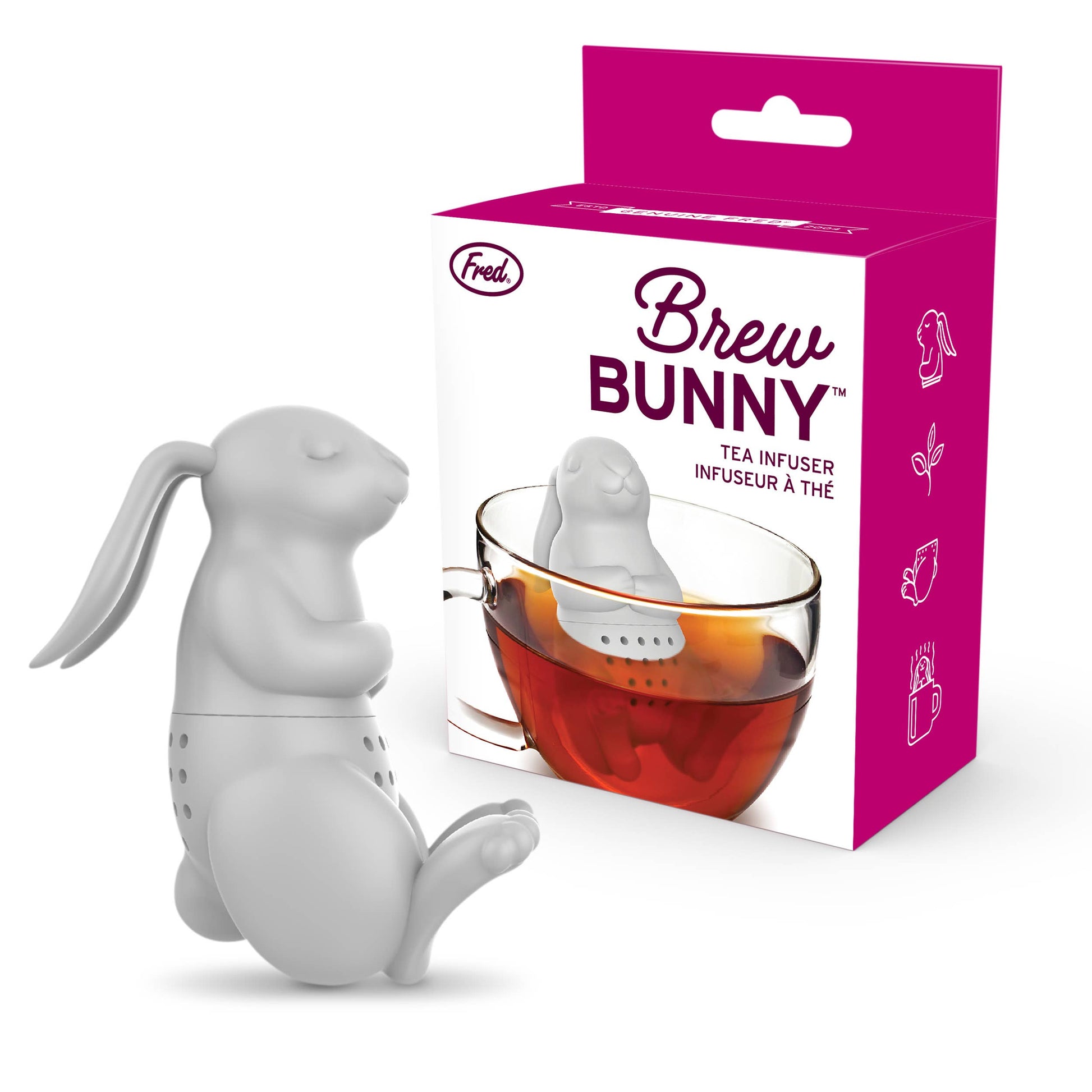 Brew Bunny Rabbit Tea Infuser in package, silicone kitchen gadget for tea lovers, available at stationery stores.