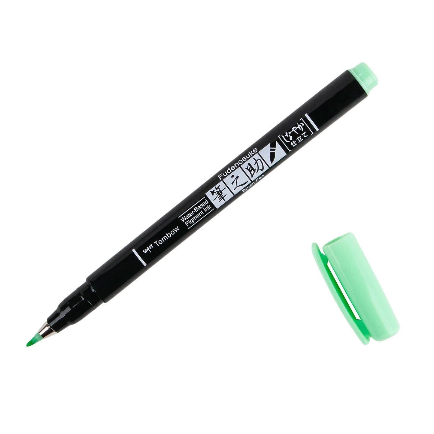 Fudenosuke Pastel Brush Pen open stock with mint green cap, ideal for dark paper. Available at stationery store.