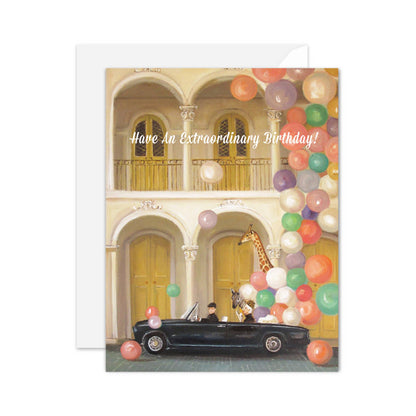 Alt Tag: Old Town Birthday Card featuring a vintage car with colorful balloons and giraffe, perfect A2 stationery from our store.