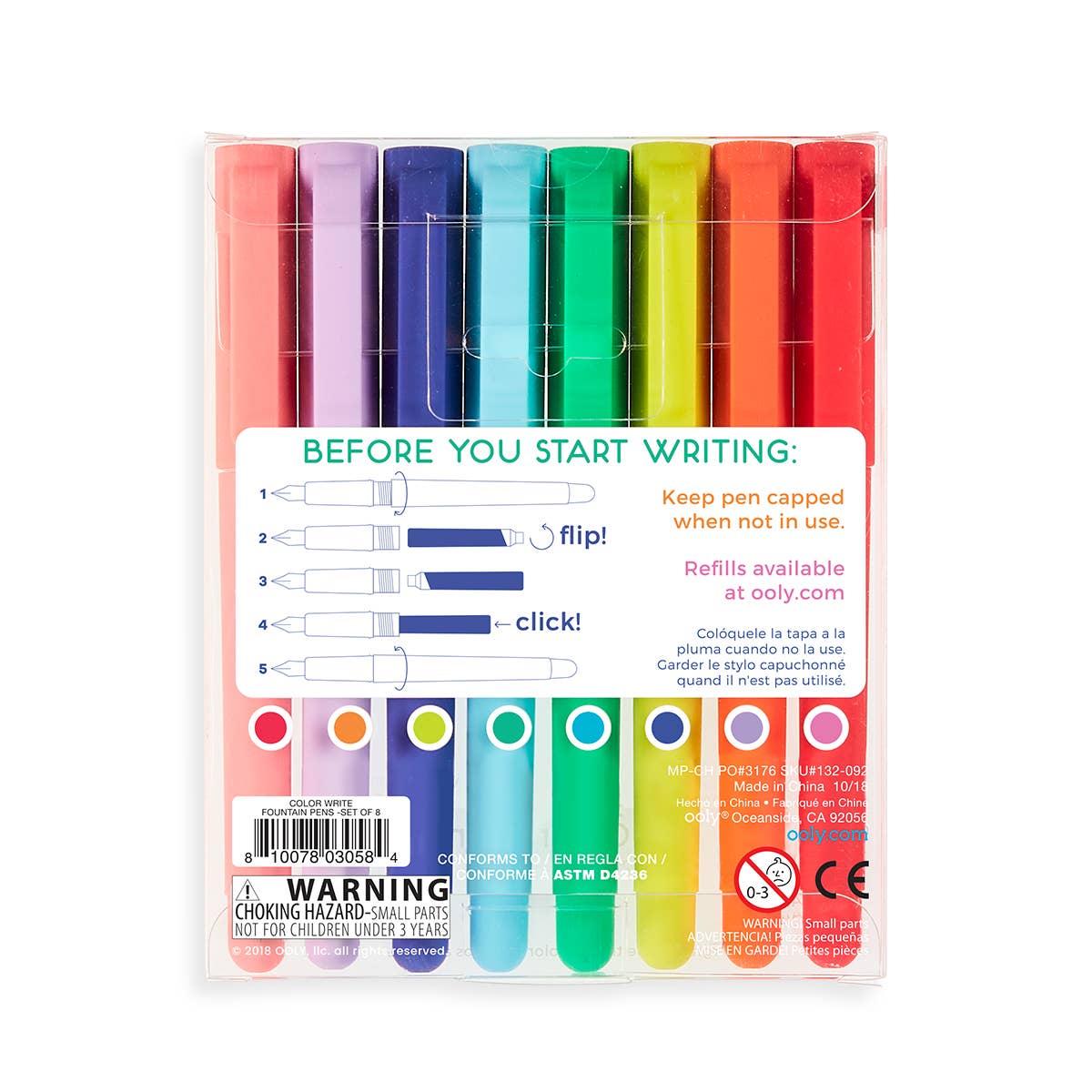 Color Write Fountain Pens set of 8 with vibrant ink colors, available at stationery stores. Compatible with OOLY pen refills for creative writing.