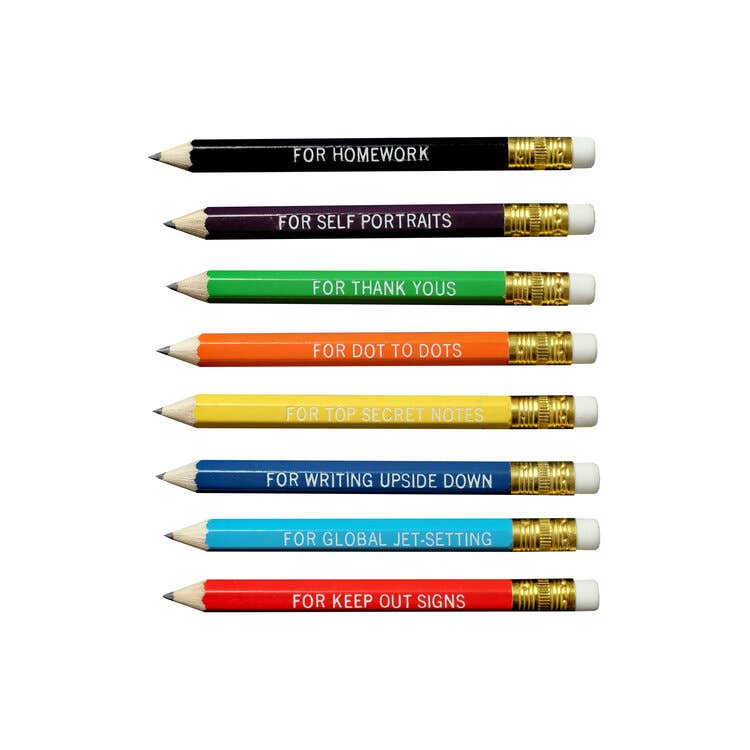 Set of 8 mini pencils for various occasions with colorful designs, available at stationery store. Perfect for homework to global jet-setting.