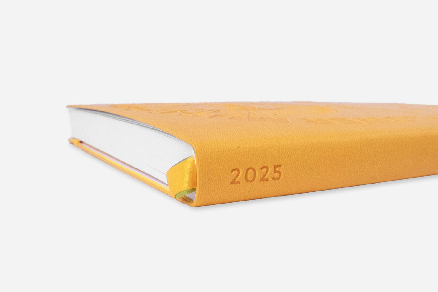 Sunflower Yellow 2025 Weekly Planner from Stationery Store, embossed cover, side view emphasizing growth and optimism.