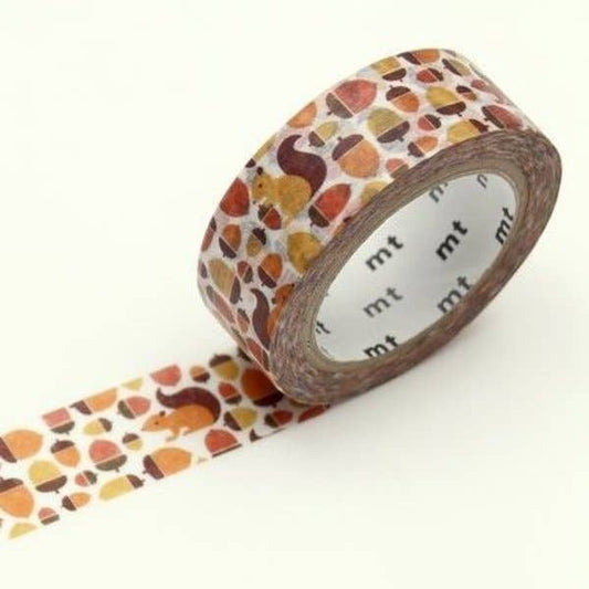 Washi masking tape featuring a squirrel and acorn design, perfect for crafts and decor, made in Japan by mt.