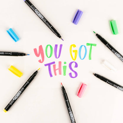 Fudenosuke Pastel Brush Pens on white background with colorful "You Got This" text; stationery store product.