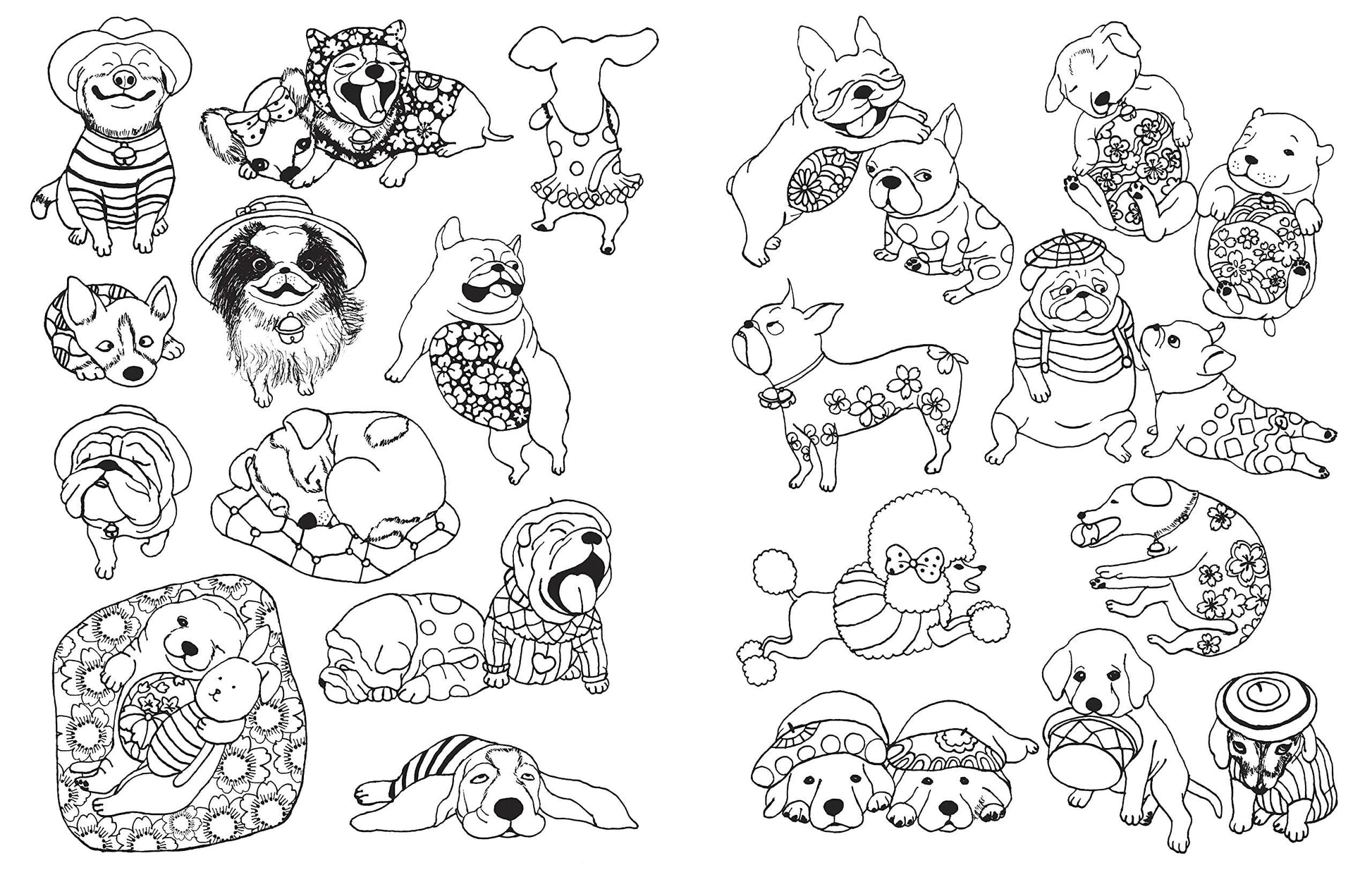 A Million Dogs Coloring Book page with whimsical puppies in hats and costumes, perfect for stationery store dog lovers.