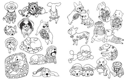 A Million Dogs Coloring Book page with whimsical puppies in hats and costumes, perfect for stationery store dog lovers.