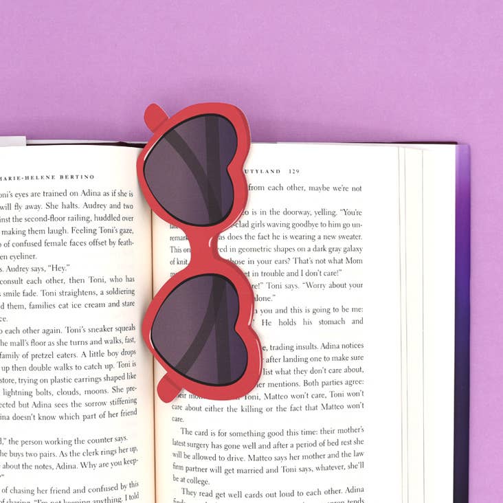 Sunglasses Bookmark: Heart-shaped die cut bookmark in open book. UV print on sturdy paper stock. Buy at stationery store.