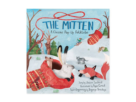 Alt Tag: Holiday Pop Up Book - The Mitten cover with woodland animals, a lost mitten, and interactive elements. Available at our stationery store.