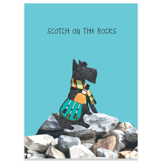 Blank card featuring a Scottish Terrier on rocks, titled 'Scotch on the Rocks' by Sally Scaffardi for stationery store Carte.