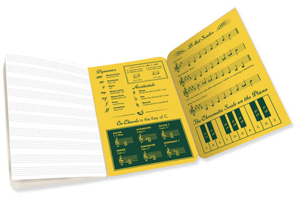 Pocket-sized music notebook with lined and blank pages, featuring a handy music instruction chart. Available at stationery stores.