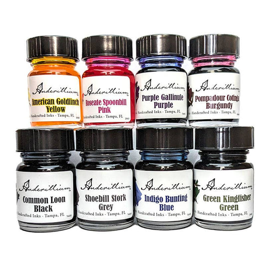 Anderillium™ Ink Sample Set - Avian Series, eight vibrant colors in 0.5 oz bottles, available at stationery stores. Perfect for gifts.