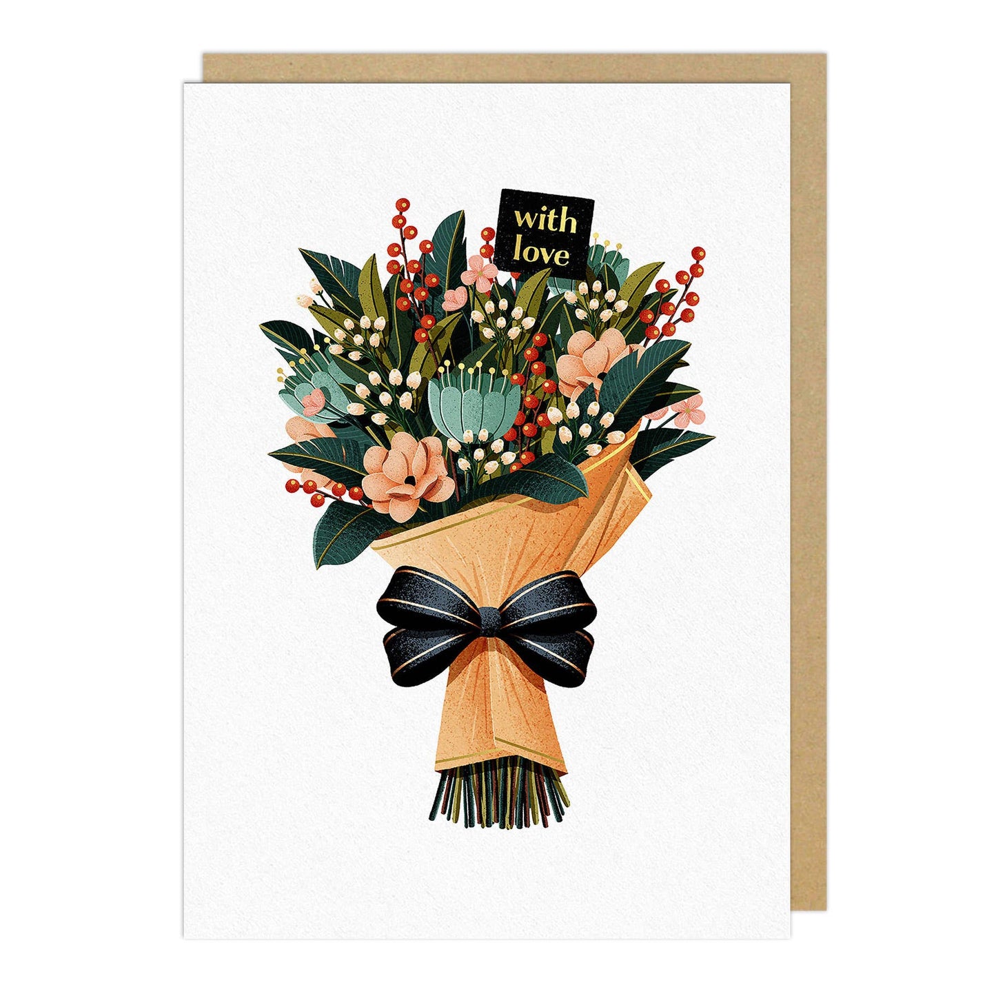 Flower Bouquet Love Card with gold foil, blank inside for personal message, includes kraft envelope. Available at stationery store.