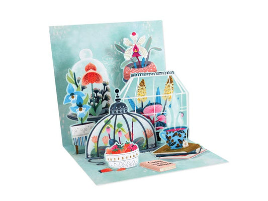 Orchid Terrarium Pop-Up Card featuring colorful floral artwork for all occasions, available at stationery store.